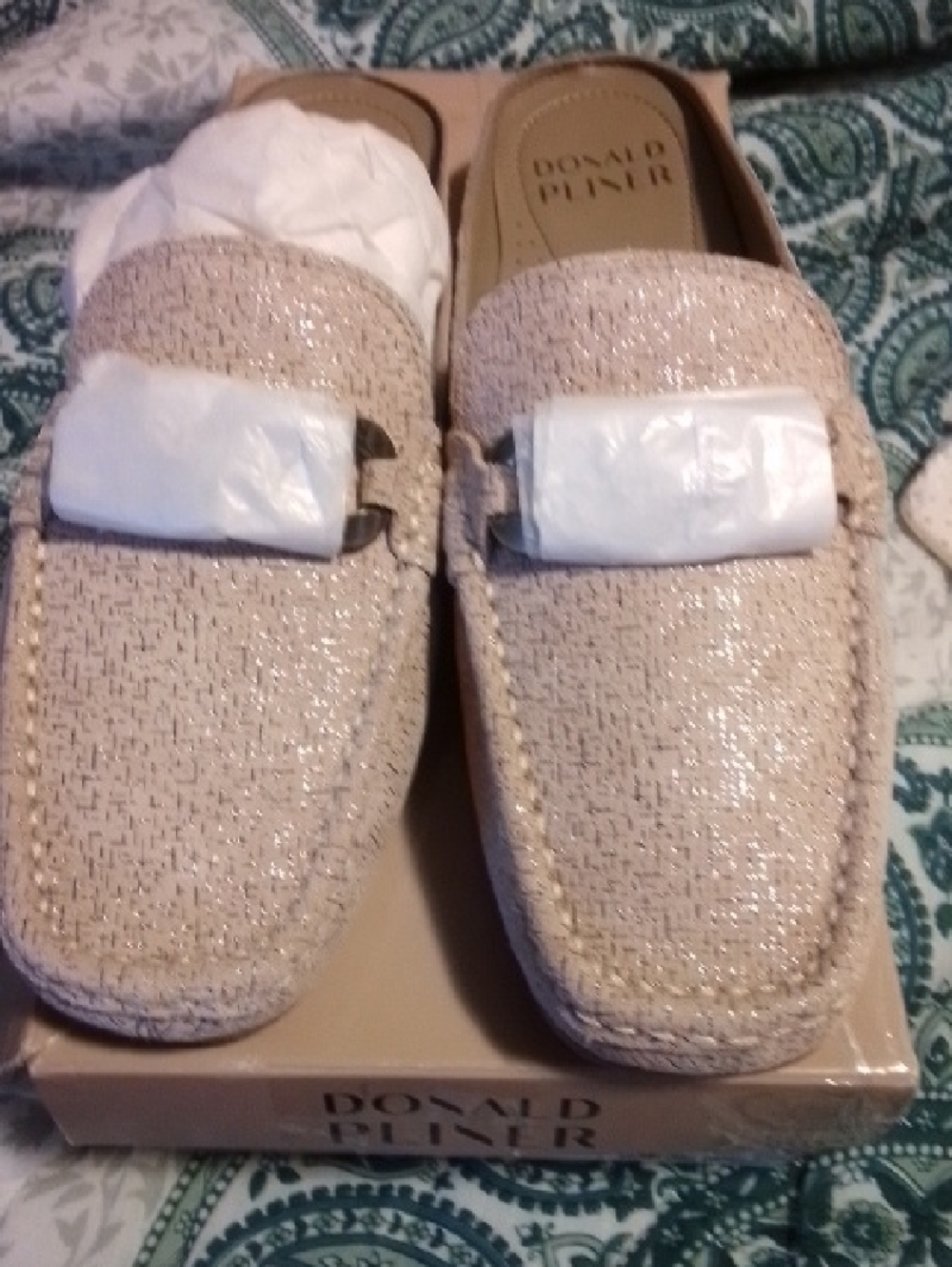 Donald J. Pliner Glitter Leather Loafer Mules in Taupe